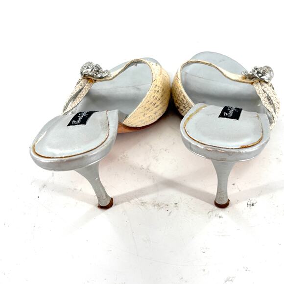 Beverly Feldman Jewel Mule Heels 6 Silver Gem Bridal Wedding White Silver Cream - Picture 6 of 8
